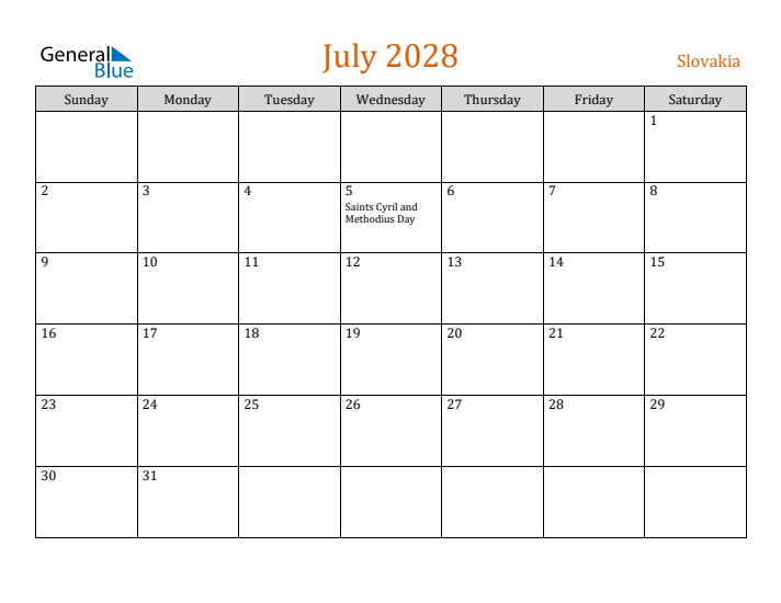 July 2028 Holiday Calendar with Sunday Start