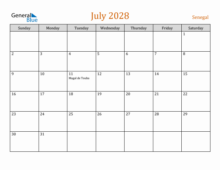 July 2028 Holiday Calendar with Sunday Start