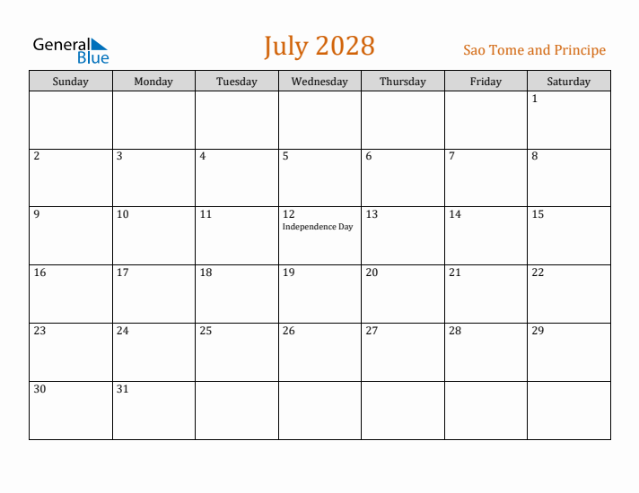 July 2028 Holiday Calendar with Sunday Start