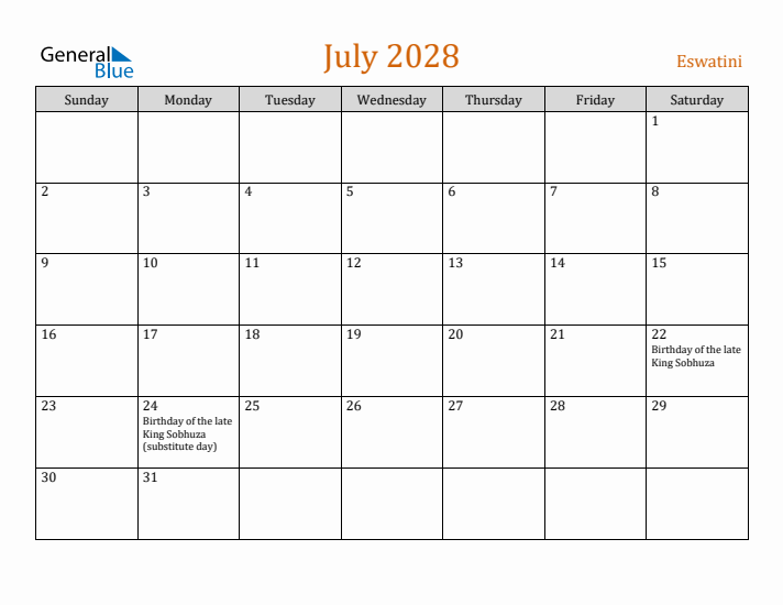 July 2028 Holiday Calendar with Sunday Start