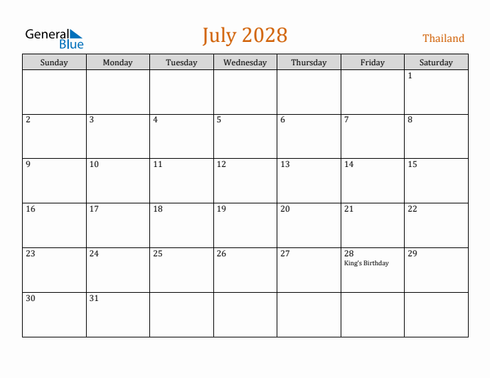 July 2028 Holiday Calendar with Sunday Start