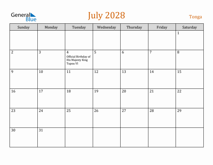 July 2028 Holiday Calendar with Sunday Start