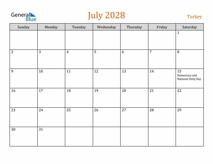 July 2028 Holiday Calendar with Sunday Start