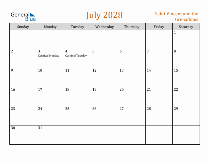 July 2028 Holiday Calendar with Sunday Start