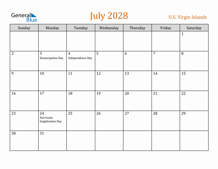 July 2028 Holiday Calendar with Sunday Start