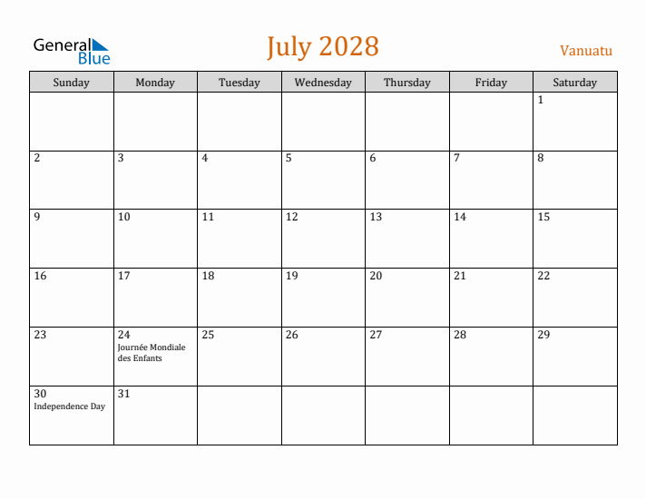 July 2028 Holiday Calendar with Sunday Start