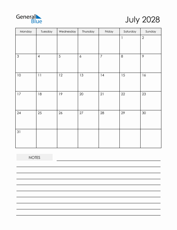 Printable Calendar with Notes - July 2028