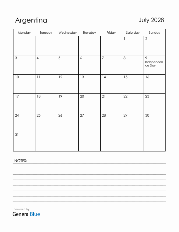 July 2028 Argentina Calendar with Holidays (Monday Start)