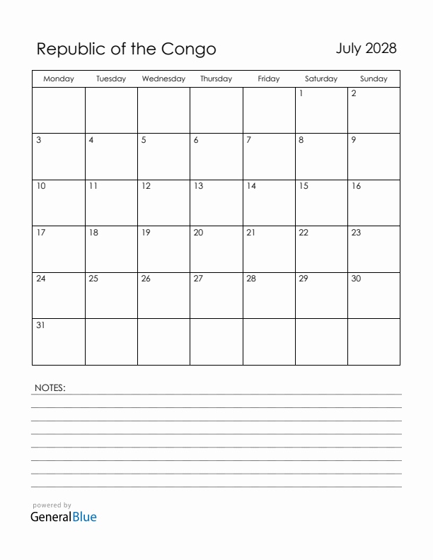 July 2028 Republic of the Congo Calendar with Holidays (Monday Start)