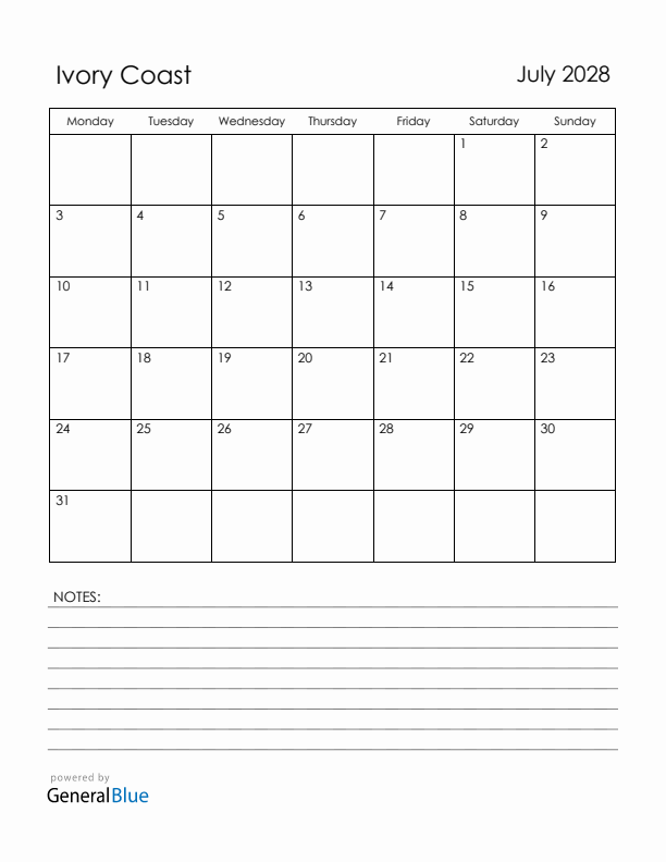 July 2028 Ivory Coast Calendar with Holidays (Monday Start)