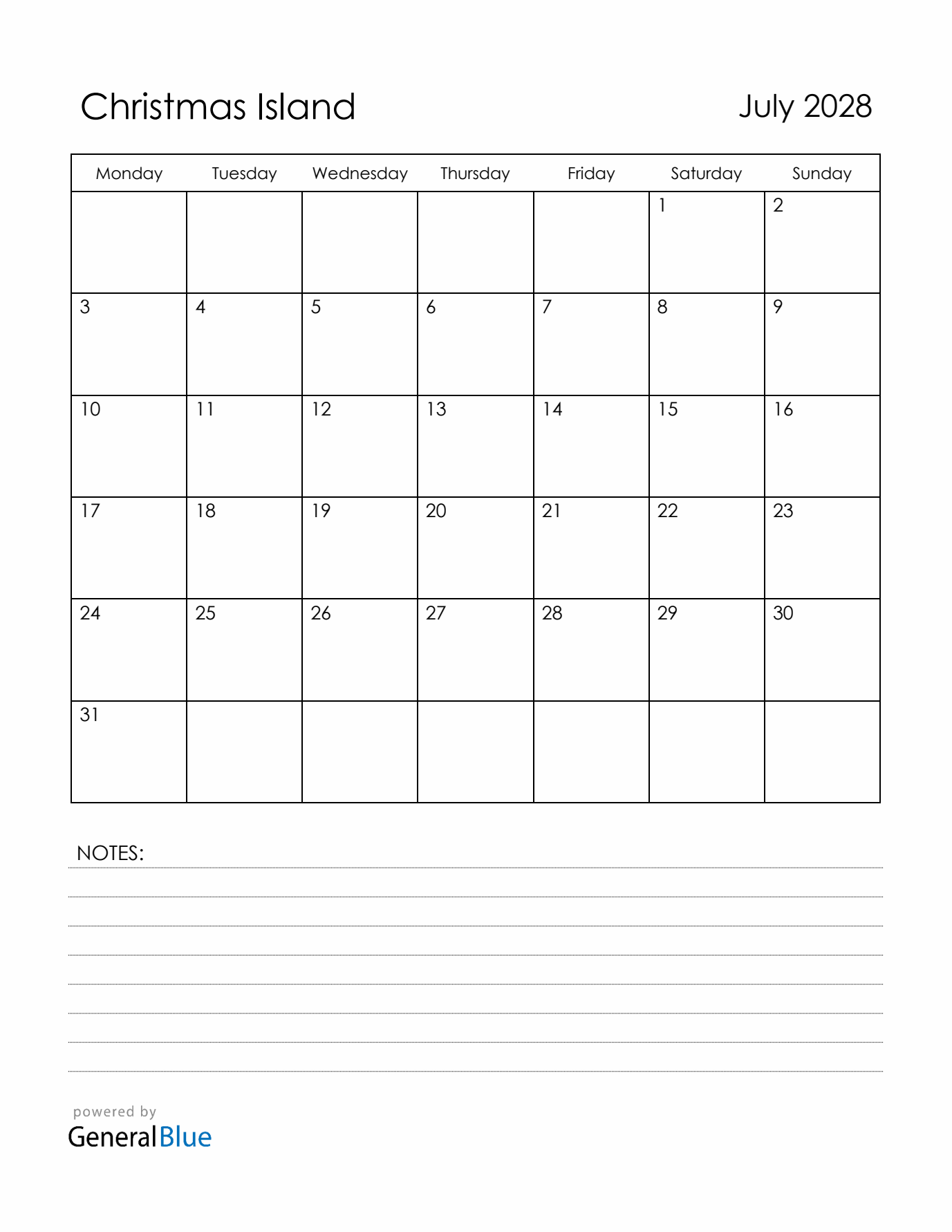 July 2028 Christmas Island Calendar with Holidays (Monday Start)
