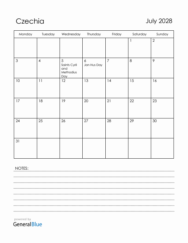 July 2028 Czechia Calendar with Holidays (Monday Start)