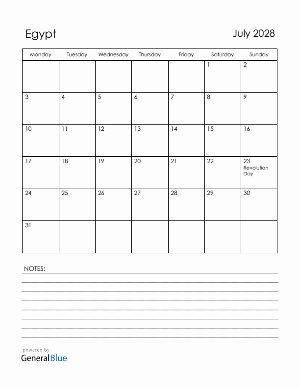 July 2028 Egypt Calendar with Holidays (Monday Start)