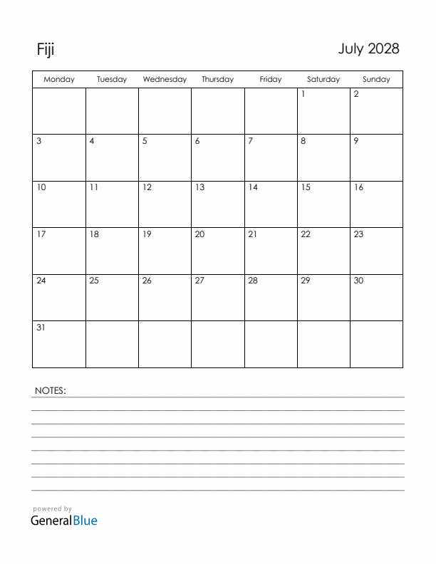 July 2028 Fiji Calendar with Holidays (Monday Start)