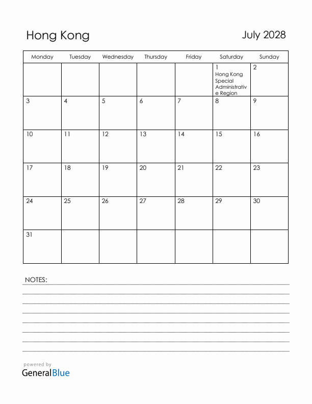 July 2028 Hong Kong Calendar with Holidays (Monday Start)