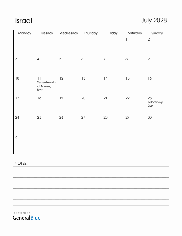 July 2028 Israel Calendar with Holidays (Monday Start)