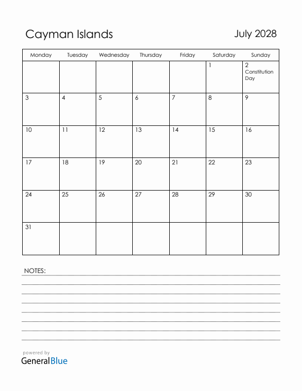 July 2028 Cayman Islands Calendar with Holidays (Monday Start)