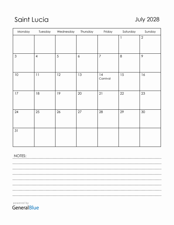July 2028 Saint Lucia Calendar with Holidays (Monday Start)