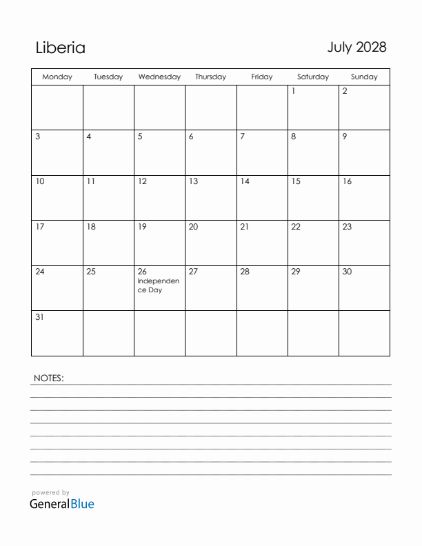 July 2028 Liberia Calendar with Holidays (Monday Start)