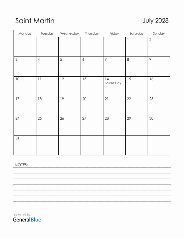 July 2028 Saint Martin Calendar with Holidays (Monday Start)