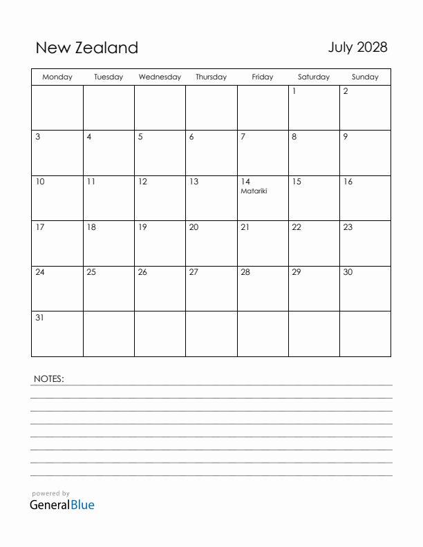 July 2028 New Zealand Calendar with Holidays (Monday Start)