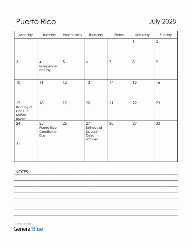 July 2028 Puerto Rico Calendar with Holidays (Monday Start)