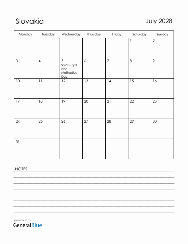 July 2028 Slovakia Calendar with Holidays (Monday Start)