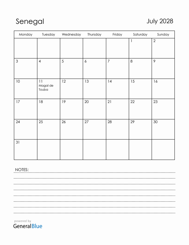 July 2028 Senegal Calendar with Holidays (Monday Start)