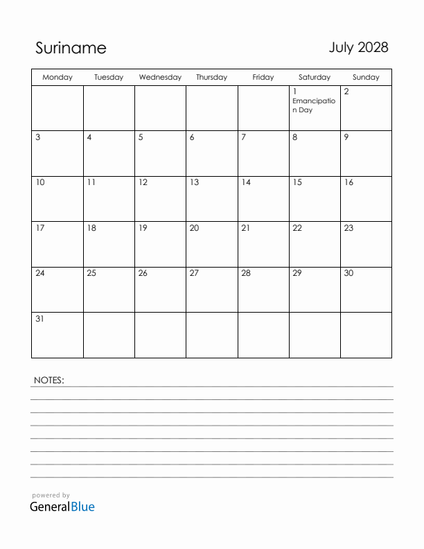 July 2028 Suriname Calendar with Holidays (Monday Start)