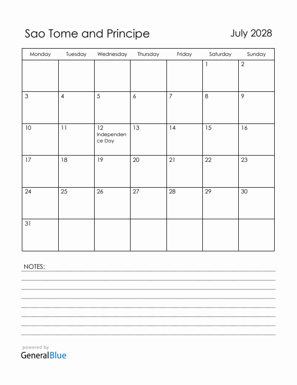 July 2028 Sao Tome and Principe Calendar with Holidays (Monday Start)