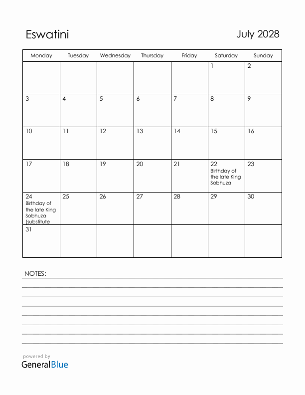 July 2028 Eswatini Calendar with Holidays (Monday Start)