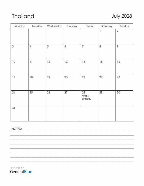 July 2028 Thailand Calendar with Holidays (Monday Start)