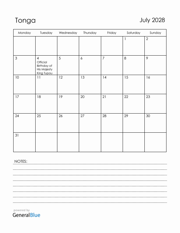 July 2028 Tonga Calendar with Holidays (Monday Start)