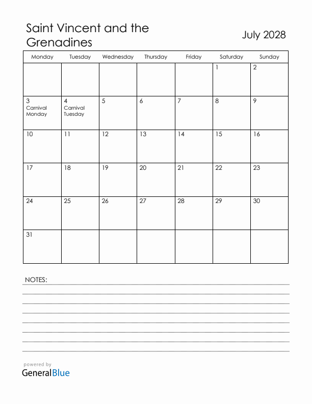 July 2028 Saint Vincent and the Grenadines Calendar with Holidays (Monday Start)