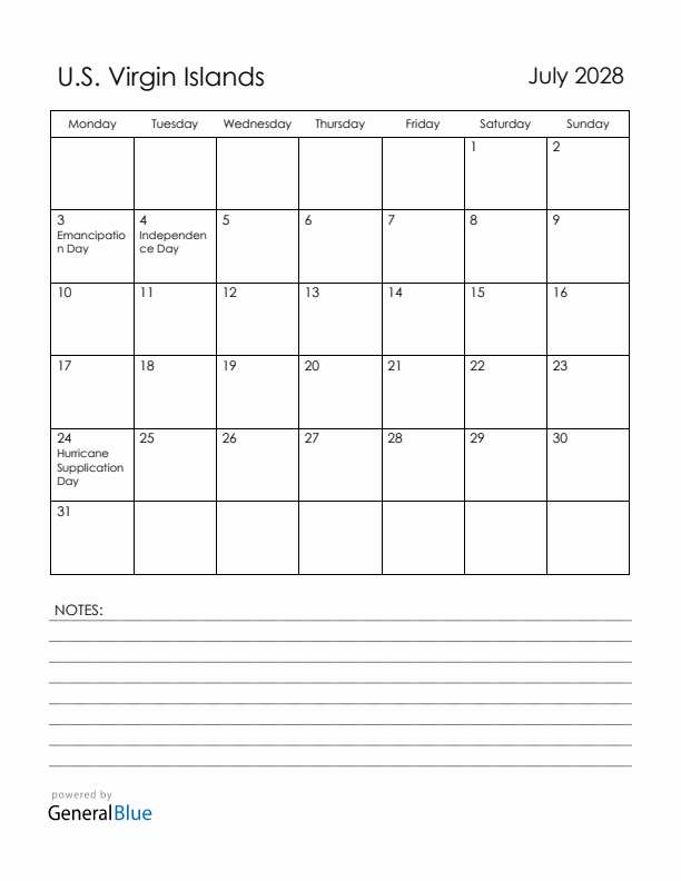 July 2028 U.S. Virgin Islands Calendar with Holidays (Monday Start)