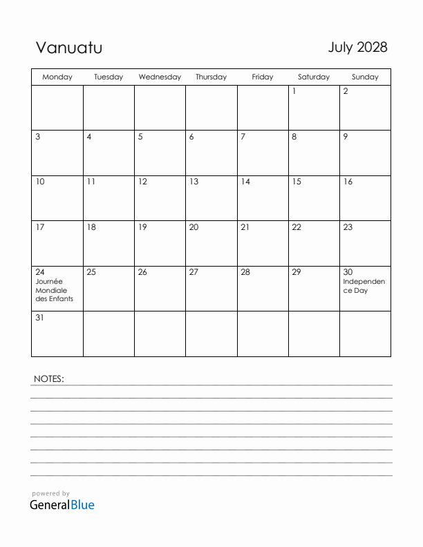 July 2028 Vanuatu Calendar with Holidays (Monday Start)