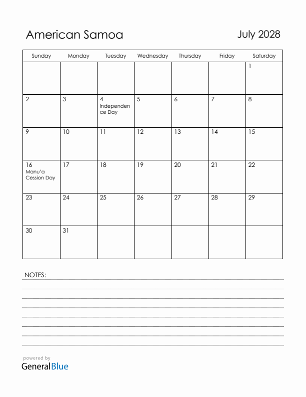 July 2028 American Samoa Calendar with Holidays (Sunday Start)