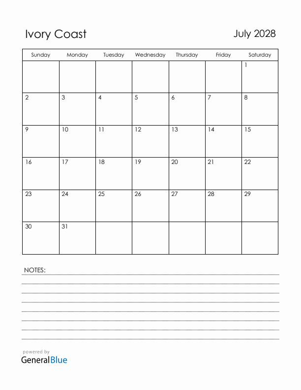 July 2028 Ivory Coast Calendar with Holidays (Sunday Start)