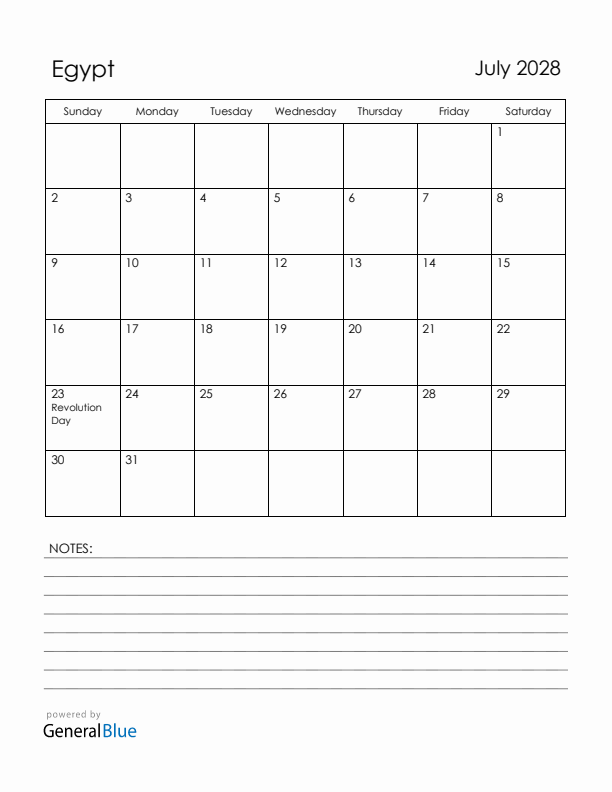 July 2028 Egypt Calendar with Holidays (Sunday Start)