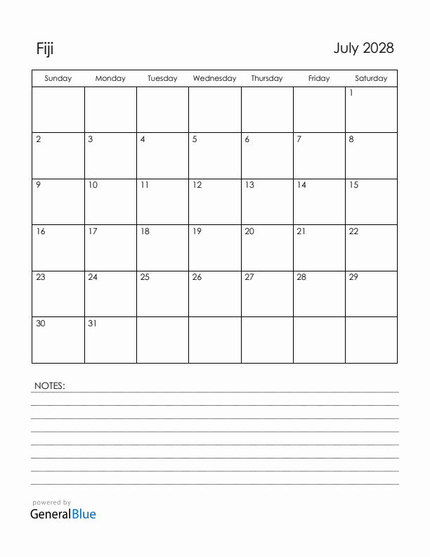 July 2028 Fiji Calendar with Holidays (Sunday Start)