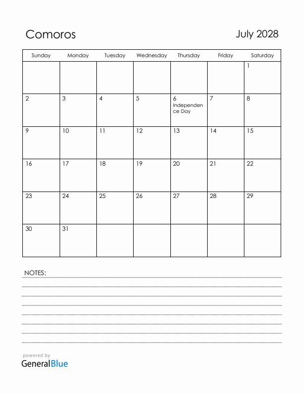 July 2028 Comoros Calendar with Holidays (Sunday Start)