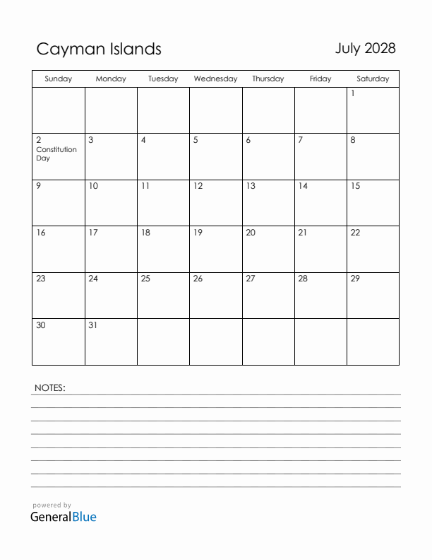 July 2028 Cayman Islands Calendar with Holidays (Sunday Start)