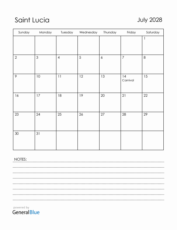 July 2028 Saint Lucia Calendar with Holidays (Sunday Start)