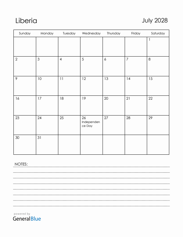 July 2028 Liberia Calendar with Holidays (Sunday Start)