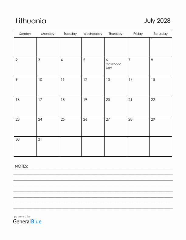 July 2028 Lithuania Calendar with Holidays (Sunday Start)