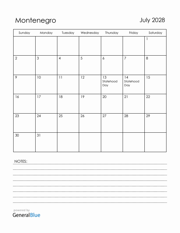 July 2028 Montenegro Calendar with Holidays (Sunday Start)