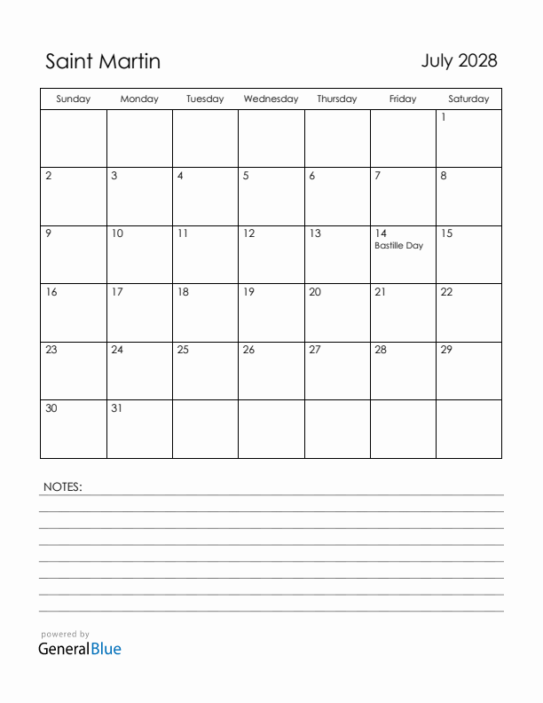 July 2028 Saint Martin Calendar with Holidays (Sunday Start)