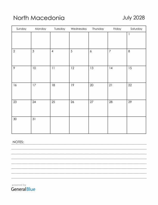 July 2028 North Macedonia Calendar with Holidays (Sunday Start)