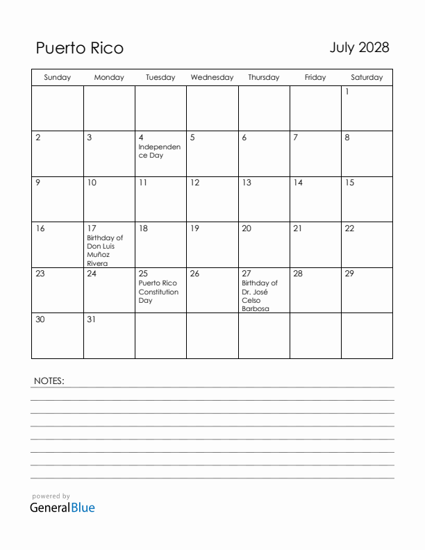 July 2028 Puerto Rico Calendar with Holidays (Sunday Start)