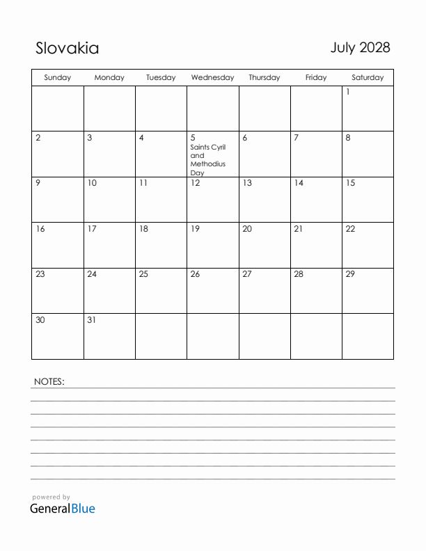 July 2028 Slovakia Calendar with Holidays (Sunday Start)